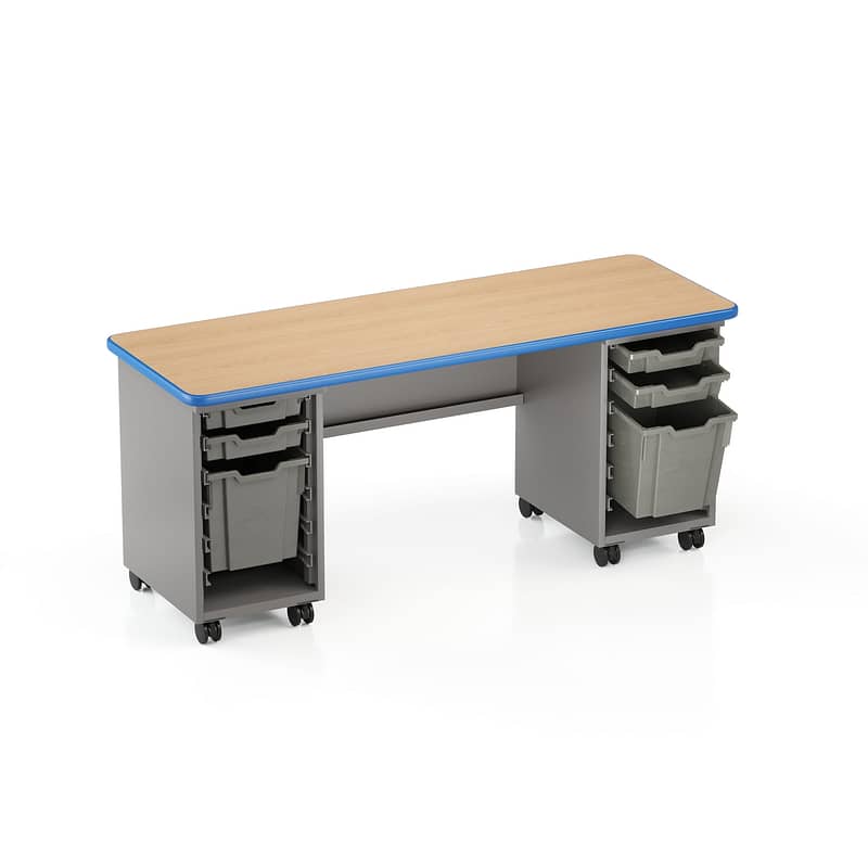 Cascade Teacher Desk, Double Pedestal, w/ four 3" and two 12" Totes (Open)