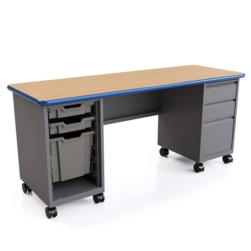 Cascade Teacher Desk, Double Pedestal, w/ two 3" and one 12" Tote (Open) & Box / Box / File Ped